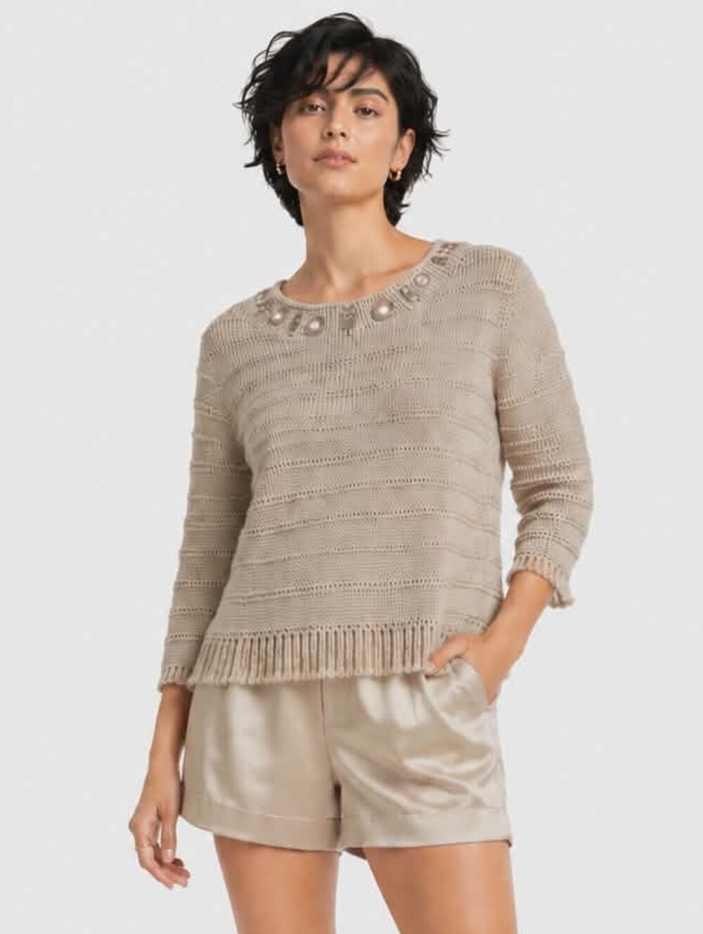 Ruby Rd Taupe Fringe Hem Embellished Knit Sweater Boho Chic